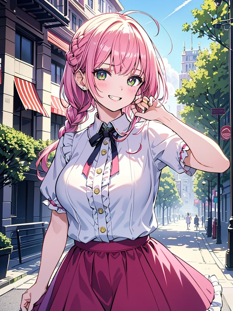 best image quality, masterpiece, ultra detailed, exquisite, cowboy shot, high quality, Beautiful art, One Girl, looking at viewers, touch hair, ((18 years old, Big Breasts, Giant bust:1.2)), fair skin, beautiful skin, Detailed teeth, Light green eye rest, beautiful eyes, twinkle(in the eyes), Pink Hair, Pink French Braid, thin, smile, Heartily laugh, Fashionable clothes、(white ruffled blouse:1.1)、White collared shirt, dark blue skirt, (Short sleeve shirt:1.1),from above,In city, Walking through the pedestrian-friendly lanes, we were surrounded by an explosion of emerald greenery that seemed to breathe life into the city