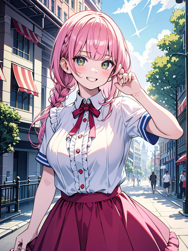 best image quality, masterpiece, ultra detailed, exquisite, cowboy shot, high quality, Beautiful art, One Girl, looking at viewers, touch hair, ((18 years old, Big Breasts, Giant bust:1.2)), fair skin, beautiful skin, Detailed teeth, Light green eye rest, beautiful eyes, twinkle(in the eyes), Pink Hair, Pink French Braid, thin, smile, Heartily laugh, Fashionable clothes、(white ruffled blouse:1.1)、White collared shirt, dark blue skirt, (Short sleeve shirt:1.1),from above,In city, Walking through the pedestrian-friendly lanes, we were surrounded by an explosion of emerald greenery that seemed to breathe life into the city