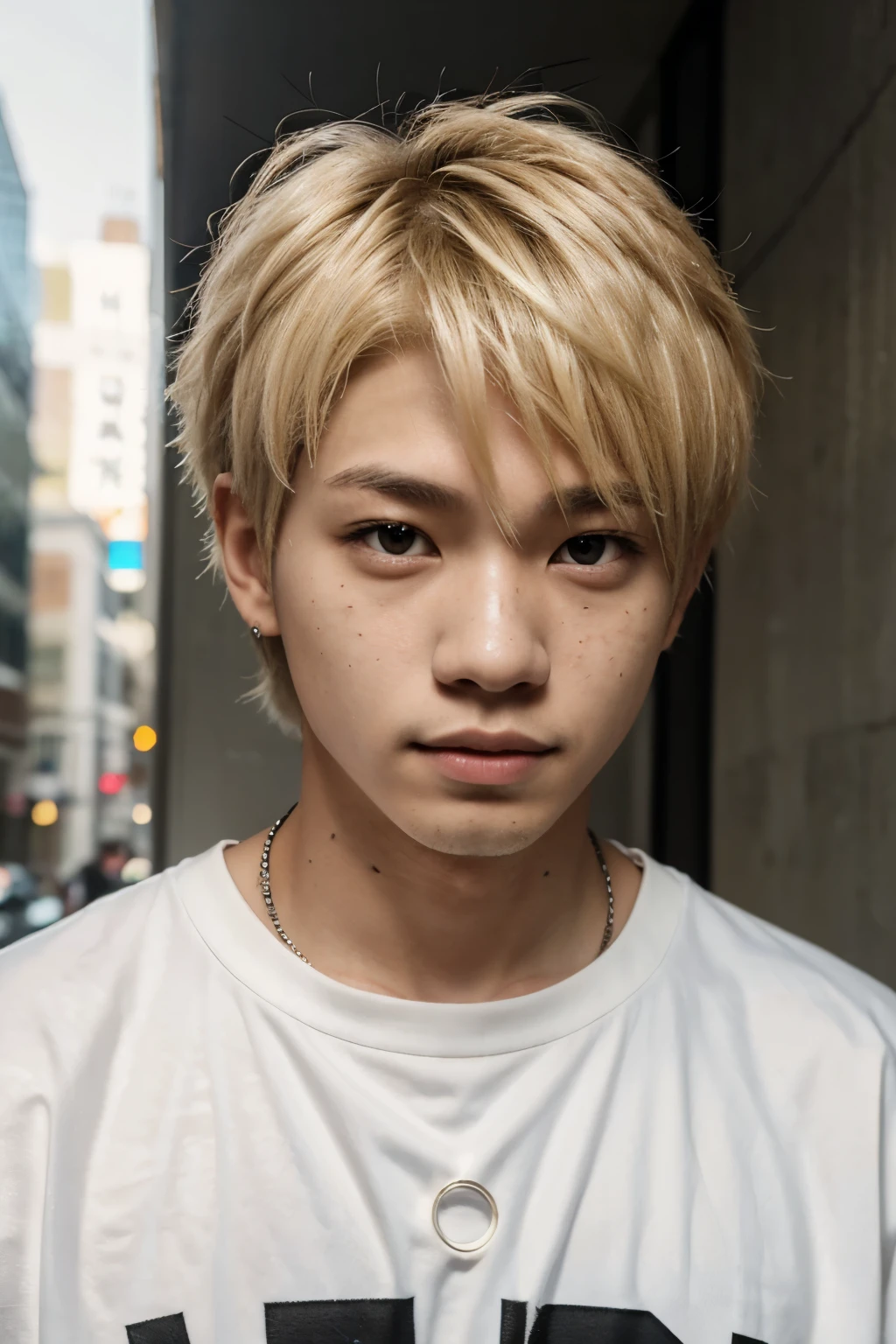Lee Felix from Stray Kids. Male, 23 years old, Korean, straight, blonde short hair, Freckles, light skinned.