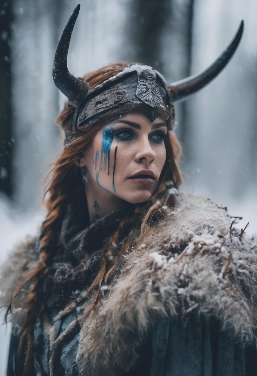A extreme close up shot of rude viking warrior woman near dead bodies, outside, in the forest, wearing warrior clothes, in the style of subtle, frozen tones,war paint aesthetic, rude motifs, i can't believe how strong and eautiful this is, snow.