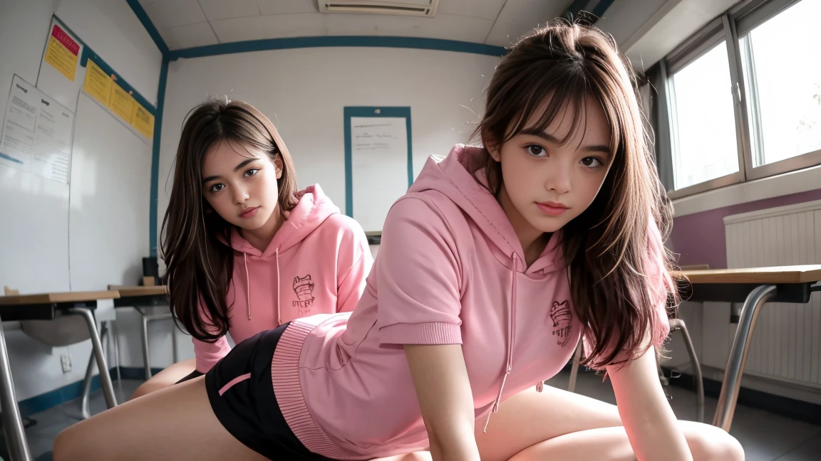 deux femmes ensemble de 18 ans sexy et mince , pink short sleeve hoodie , salle de classe, se touche,position sey,sensuel