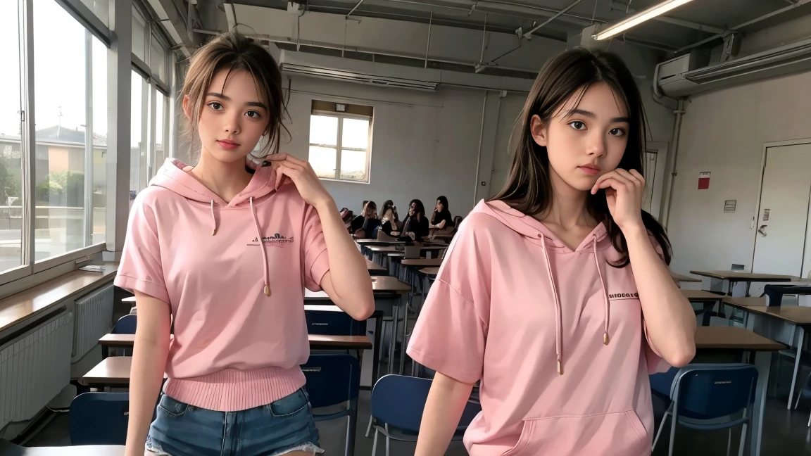 deux femmes ensemble de 18 ans sexy et mince , pink short sleeve hoodie , salle de classe, se touche,position sey,sensuel