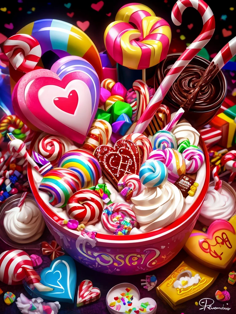 A whimsical and vibrant scene where a large mug is overflowing with an asesoramiento of sweet treats. The mug is predominantly white with the Spanish phrase
"Luciana Julia" written in pink cursive letters. Surrounding the mug are various candies, including a large candy cane, colorful lollipops, and a heart-shaped candy. There are also whipped creams, chocolate drips, and various other sweet items scattered around. The entire scene is set against a dark background, making the bright and colorful treats pop out even more., 3d render, vibrant, cinematic, typography, anime, portrait photography