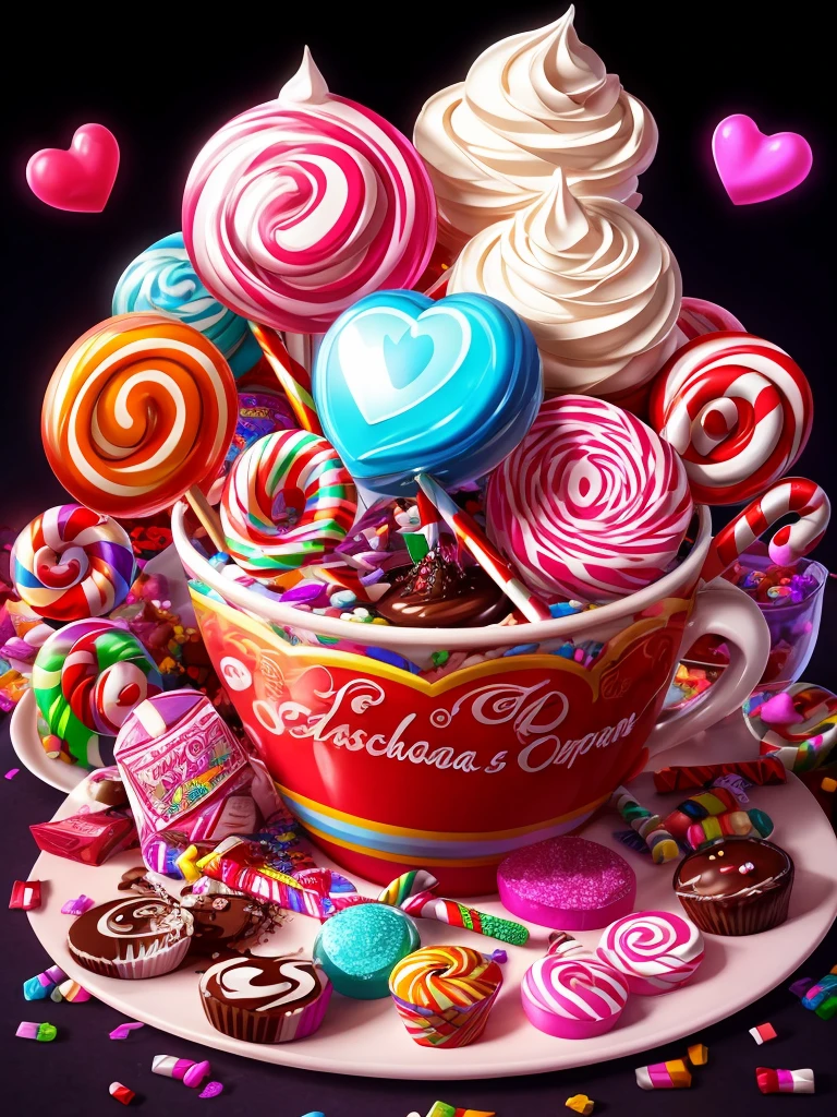 A whimsical and vibrant scene where a large mug is overflowing with an asesoramiento of sweet treats. The mug is predominantly white with the Spanish phrase
"Luciana Julia" written in pink cursive letters. Surrounding the mug are various candies, including a large candy cane, colorful lollipops, and a heart-shaped candy. There are also whipped creams, chocolate drips, and various other sweet items scattered around. The entire scene is set against a dark background, making the bright and colorful treats pop out even more., 3d render, vibrant, cinematic, typography, anime, portrait photography