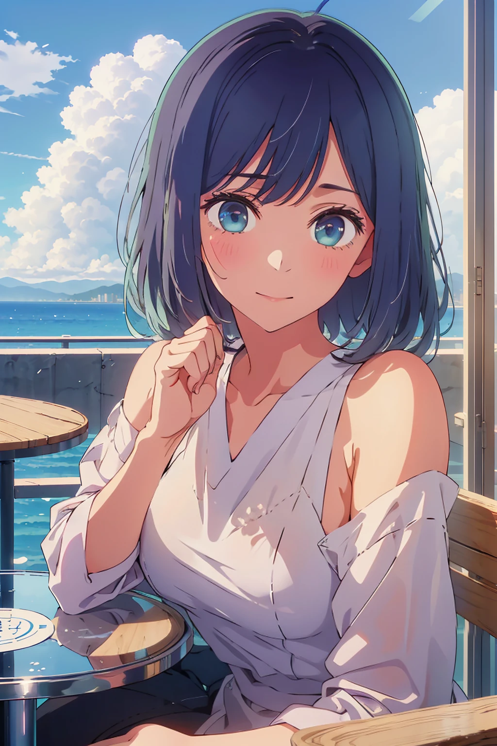(Highest quality:1.4、masterpiece:1.4、超detailed:1.4、Ultra-high resolution:1.4、Absurd:1.4、Absolute Resolution:1.4、8K:1.4、detailed:1.4)、Slim body、Very white beautiful skin、((((1 person、Surprised expression、sit、Chair、In the background are the urban buildings of Tokyo、looking at the camera、Outdoor café terrace、Navy hair color、juice、table、Get up close and take a photo、Shooting from an angle、Very cute face))))、((((nude、very beautiful areola))))、(Pose with hands tucked behind ears:1.4、Cheek resting on hand:1.4)、(Black off-the-shoulder blouson with zipper)、Very blue sky、A completely cloudless sky、Nipples