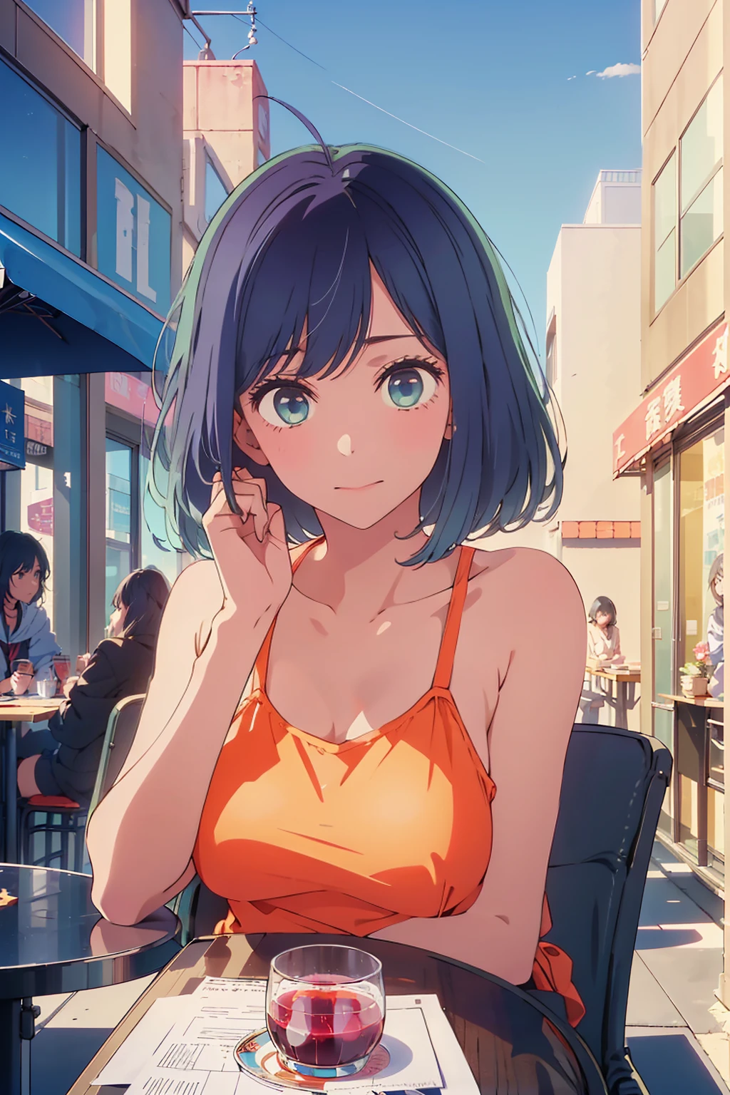 (Highest quality:1.4、masterpiece:1.4、超detailed:1.4、Ultra-high resolution:1.4、Absurd:1.4、Absolute Resolution:1.4、8K:1.4、detailed:1.4)、Slim body、Very white beautiful skin、((((1 person、Surprised expression、sit、Chair、In the background are the urban buildings of Tokyo、looking at the camera、Outdoor café terrace、Navy hair color、juice、table、Get up close and take a photo、Shooting from an angle、Very cute face))))、((((nude、very beautiful areola))))、(Pose with hands tucked behind ears:1.4、Cheek resting on hand:1.4)、(Black off-the-shoulder blouson with zipper)、Very blue sky、A completely cloudless sky、Nipples