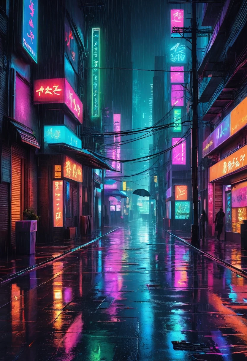 a beautiful rainy night, neon lights, futuristic street, wet floor, work of art, best qualityer