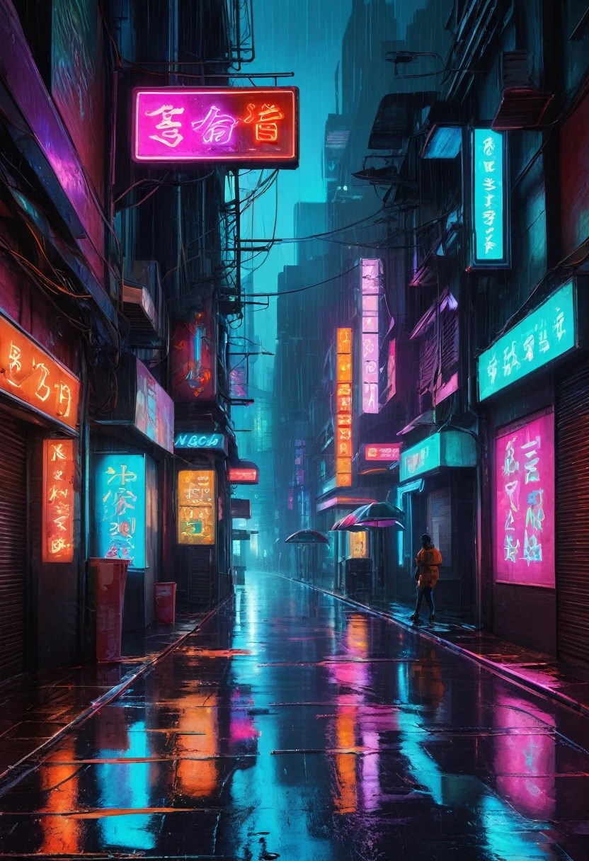 a beautiful rainy night, neon lights, futuristic street, wet floor, work of art, best qualityer