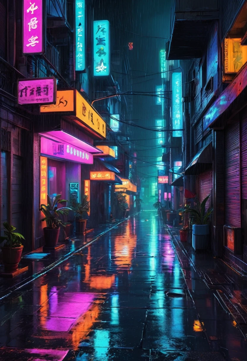 a beautiful rainy night, neon lights, futuristic street, wet floor, work of art, best qualityer