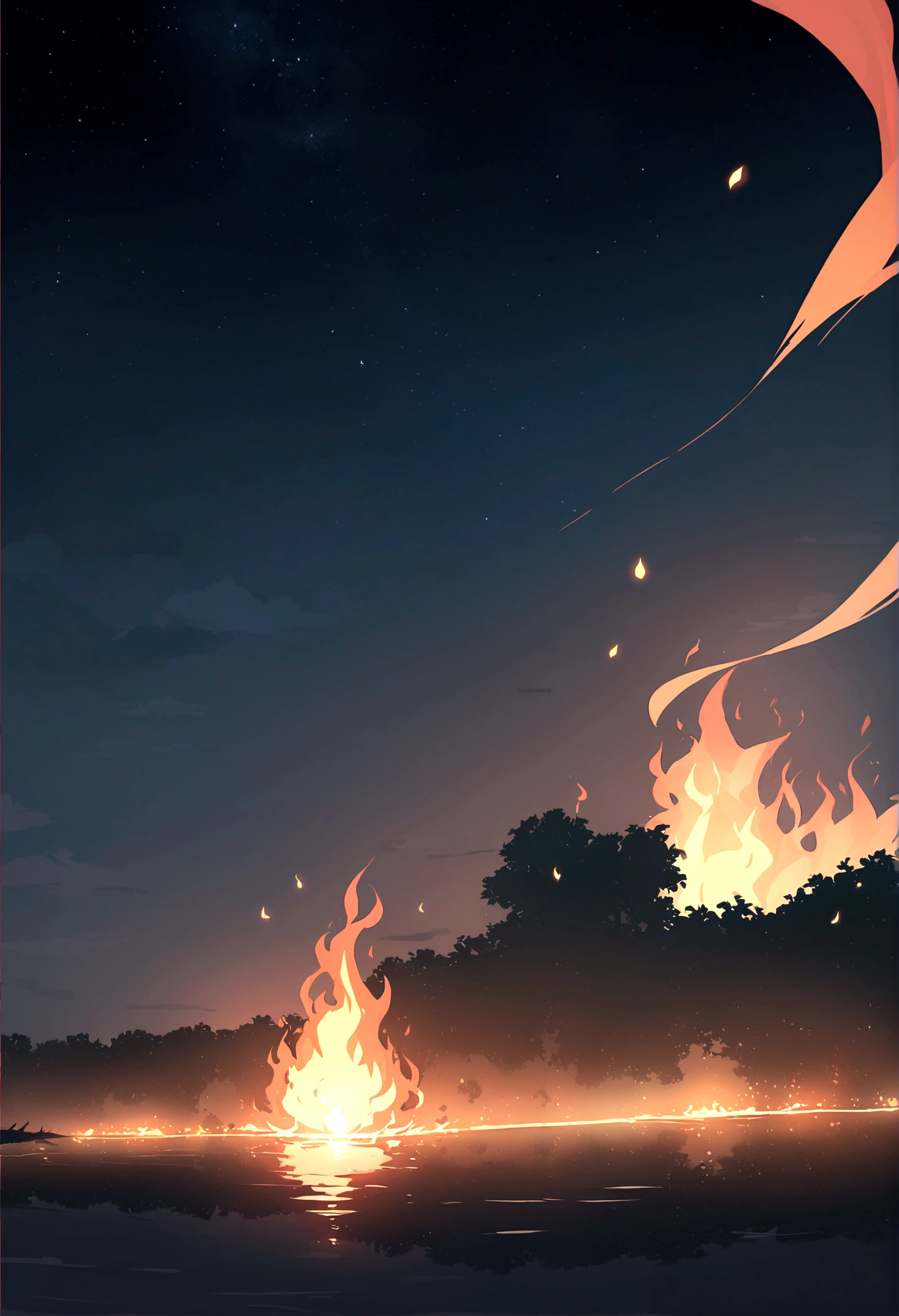 In the night sky, only the man&#39;s head is on fire and flying over the river.。The flame is flickering。Set the background to a tranquil rural landscape with a dark night sky。