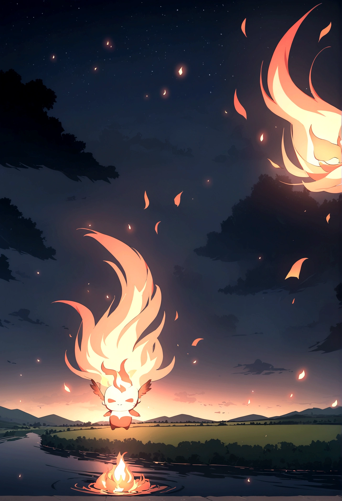 In the night sky, only the man's head is on fire and flying over the river.。The flame is flickering。Set the background to a tranquil rural landscape with a dark night sky。