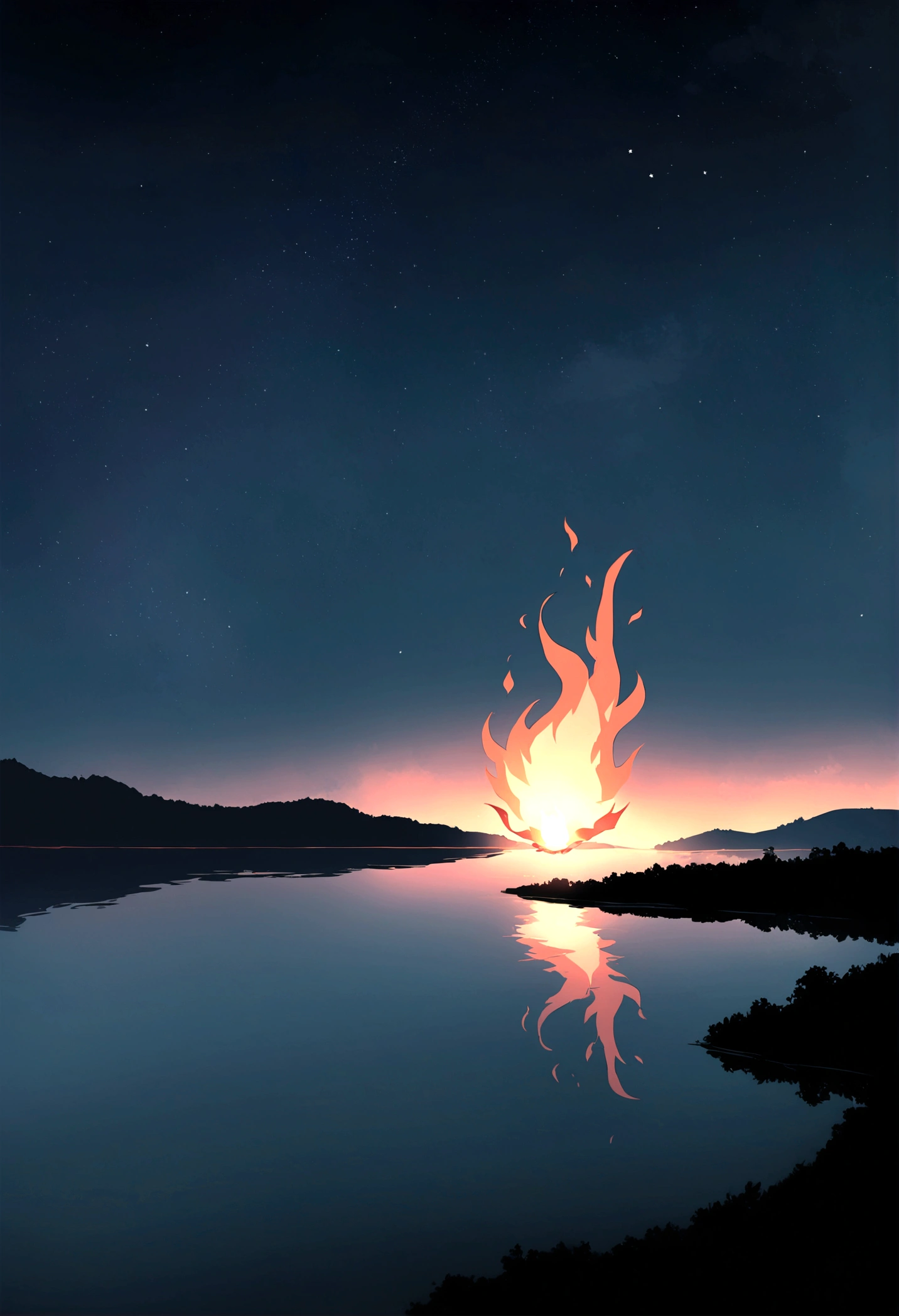 In the night sky, only the man's head is on fire and flying over the river.。The flame is flickering。Set the background to a tranquil rural landscape with a dark night sky。