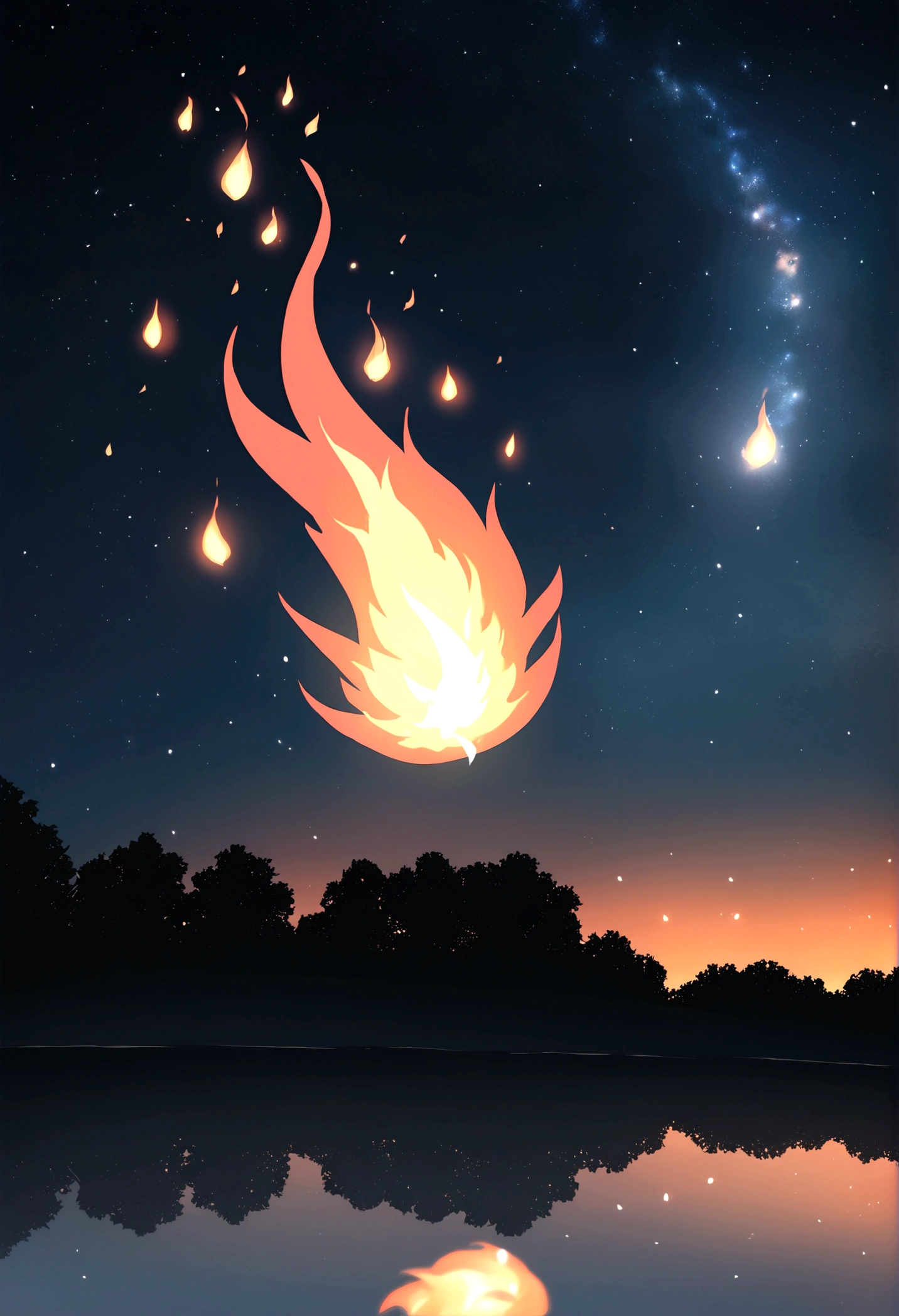 In the night sky, only the man's head is on fire and flying over the river.。The flame is flickering。Set the background to a tranquil rural landscape with a dark night sky。