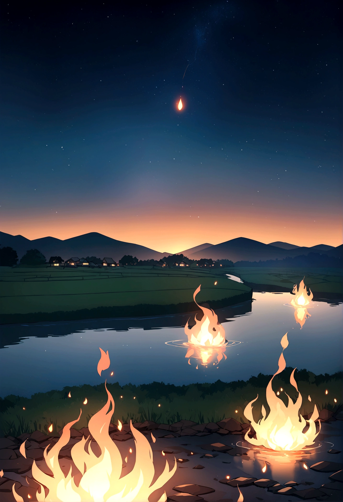 In the night sky, only the man's head is on fire and flying over the river.。The flame is flickering。Set the background to a tranquil rural landscape with a dark night sky。