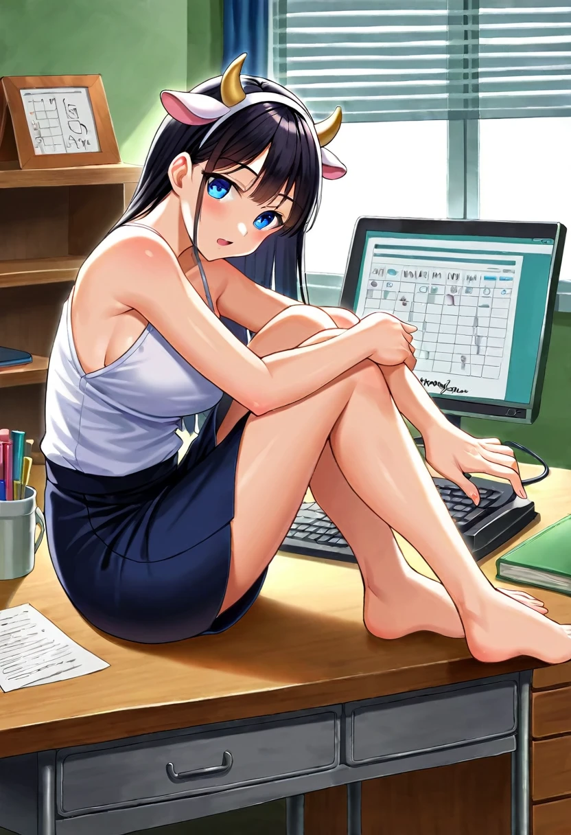 detailed illustration (side view),dynamic angle, ultra-detailed, illustration, clean line art, shading, anime, detailed eyes, detailed face, beautiful face, dramatic lighting, detailed illustration, dynamic angle, ultra-detailed, illustration,
Ultra HD, super high quality, masterpiece, detailed, 8K, The place is a business corner office, A office secretary in the room room,1Person sitting, hand singing documents, working at a desk, 30 year old female secretary, has long black hair, Has blue eyes, She has cow horns and a glamorous figure, The clothes she’s wearing are a camisole and a miniskirt, Knee-high, Pretty sexy, business clothes, anime girl, cow horns on head, cow ears, no human ears, anime woman,sitting at desk, desk between her and viewer, handling viewer document.