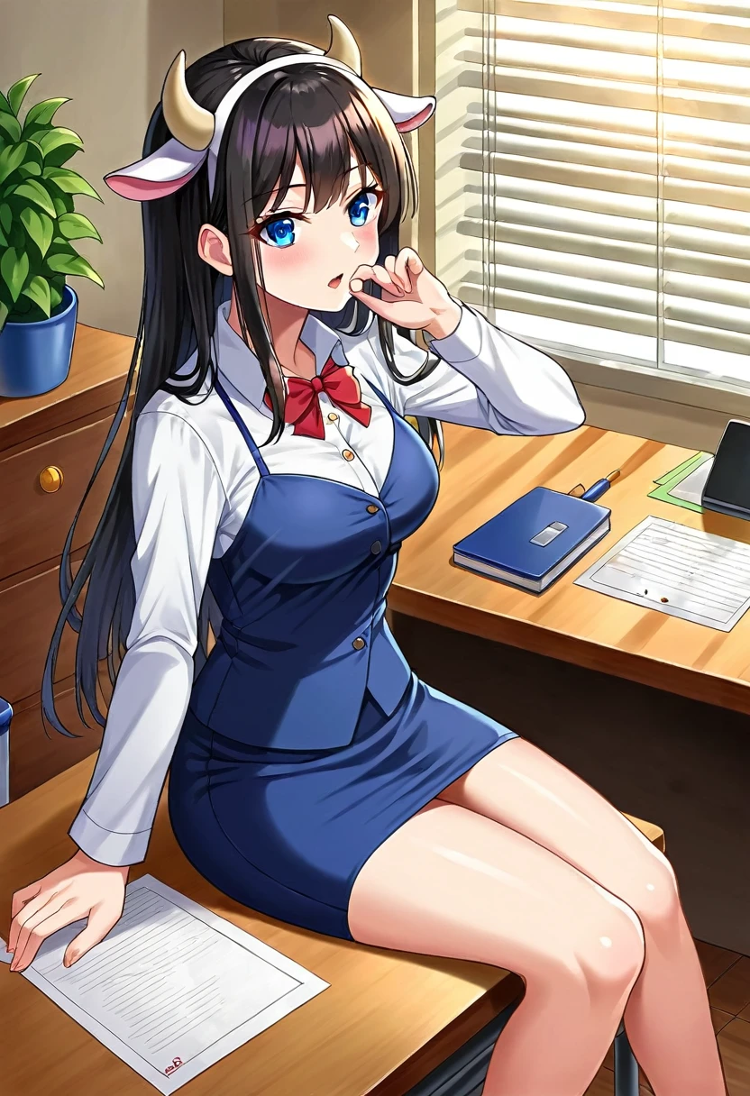 detailed illustration (side view),dynamic angle, ultra-detailed, illustration, clean line art, shading, anime, detailed eyes, detailed face, beautiful face, dramatic lighting, detailed illustration, dynamic angle, ultra-detailed, illustration,
Ultra HD, super high quality, masterpiece, detailed, 8K, The place is a business corner office, A office secretary in the room room,1Person sitting, hand singing documents, working at a desk, 30 year old female secretary, has long black hair, Has blue eyes, She has cow horns and a glamorous figure, The clothes she’s wearing are a camisole and a miniskirt, Knee-high, Pretty sexy, business clothes, anime girl, cow horns on head, cow ears, no human ears, anime woman,sitting at desk, desk between her and viewer, handling viewer document.