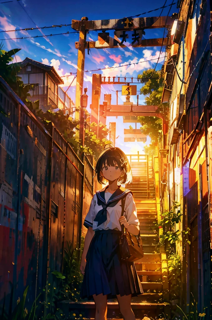 Illustrate a scene at the Kamakura High School Front Station (Kamakura Koukou Mae Eki) railway crossing. A young girl is waiting at the crossing, looking patiently at the passing train. She is wearing a , consisting of a navy blue skirt, a white blouse, and a sailor-style collar. Her school bag hangs from her shoulder, and she has a calm and thoughtful expression. The railway crossing has the characteristic yellow and black striped barriers, and the sea can be seen in the background. The sky is clear with a few wispy clouds, and there is a gentle breeze blowing, rustling the girl's hair slightly. The overall atmosphere is peaceful and captures the quintessential charm of a summer day in Kamakura.,