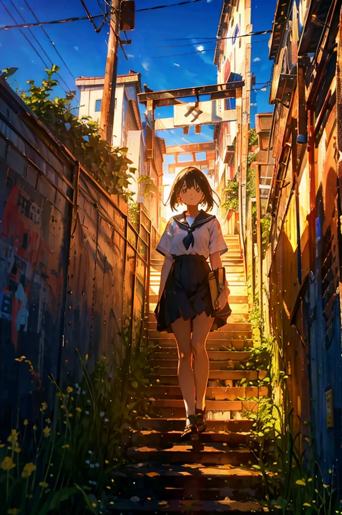 Illustrate a scene at the Kamakura High School Front Station (Kamakura Koukou Mae Eki) railway crossing. A young girl is waiting at the crossing, looking patiently at the passing train. She is wearing a , consisting of a navy blue skirt, a white blouse, and a sailor-style collar. Her school bag hangs from her shoulder, and she has a calm and thoughtful expression. The railway crossing has the characteristic yellow and black striped barriers, and the sea can be seen in the background. The sky is clear with a few wispy clouds, and there is a gentle breeze blowing, rustling the girl's hair slightly. The overall atmosphere is peaceful and captures the quintessential charm of a summer day in Kamakura.,