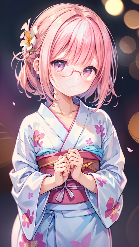(masterpiece, highest quality:1.4), Beautiful Face, 8k, 85mm, Absurd, (Floral Yukata:1.4), Face close-up, violet, Gardenia, Delicate girl, alone, night, View your viewers, Upper Body, Film Grain, chromatic aberration, Sharp focus, Face Light, Professional Lighting, Sophisticated, (smile:0.4), (Simple Background, Bokeh Background:1.2), detailed aspects,(((Show me your nipples:0.57))),((Very young and small:1.2),(Pink hair with flowers:1),((Show me the vagina:1.5)),(Semen flowing from the vagina),(A remote controlled pink vibrator is inserted into her vagina),(Flowing Tears),(squint),(Miniskirt kimono),(Sometimes々Glasses),(Sometimes penis insertion),(Sometimes I suck a penis)