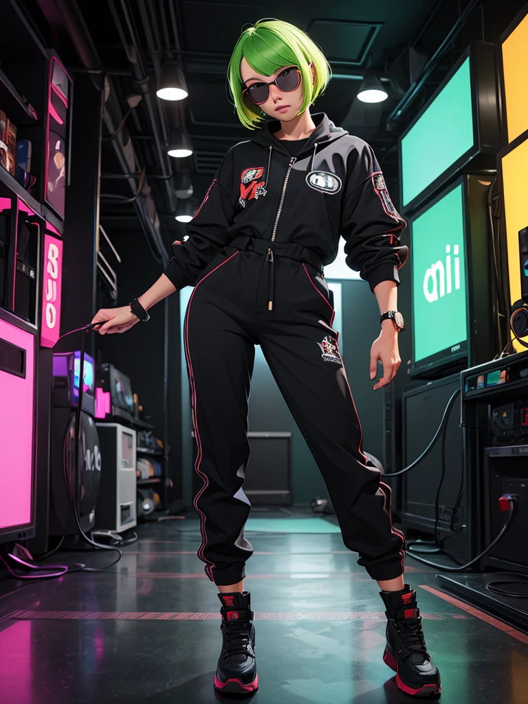 Black workwear jumpsuit、Costume with glowing yellow-green linesを着た女性, cyber punk, Punk Rock, Mosh Pit, (Highest quality,4K,8K,High resolution,masterpiece:1.2),Live Stage、Costume with glowing yellow-green lines、Large sunglasses,Punkish hairstyle、Full body portrait
