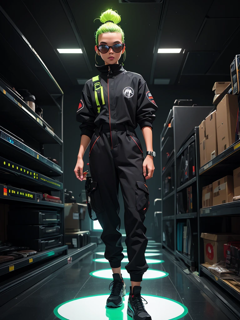 Black workwear jumpsuit、Costume with glowing yellow-green linesを着た女性, cyber punk, Punk Rock, Mosh Pit, (Highest quality,4K,8K,High resolution,masterpiece:1.2),Live Stage、Costume with glowing yellow-green lines、Large sunglasses,Punkish hairstyle、Full body portrait
