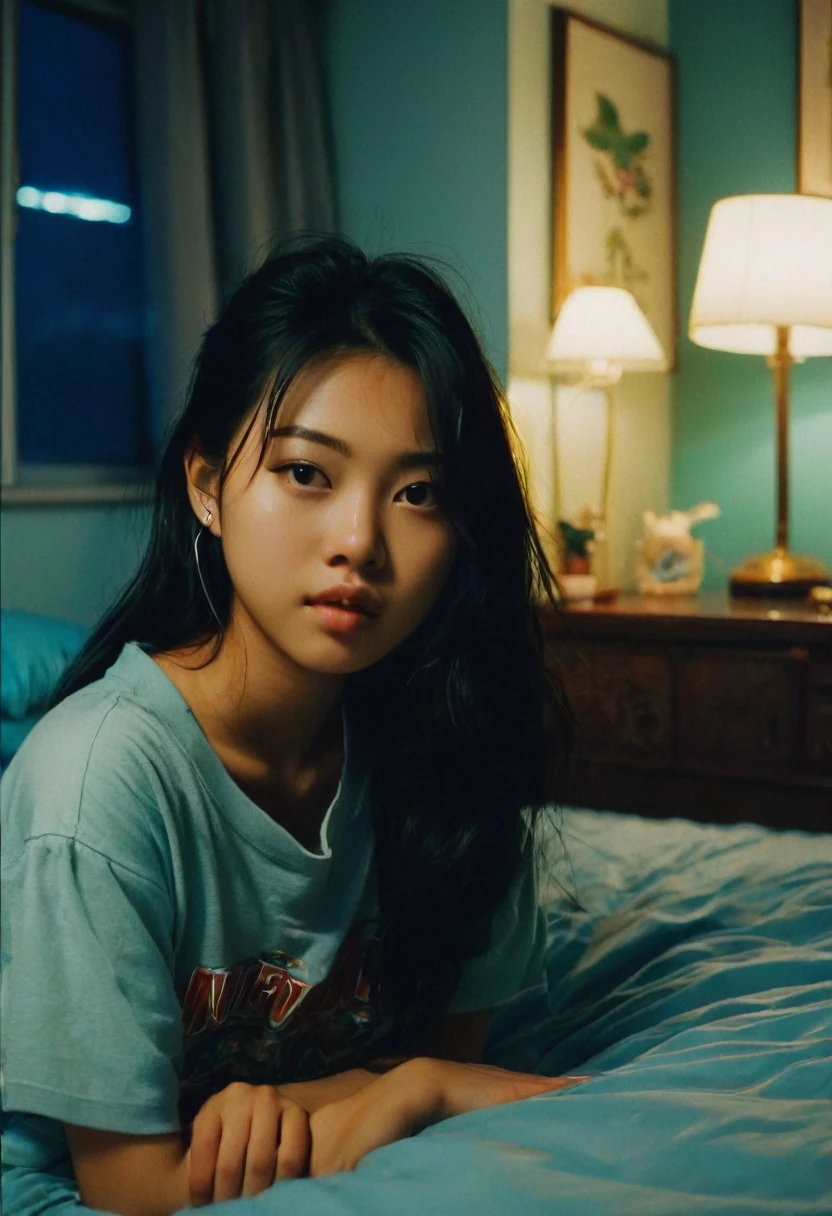 Bedroom, night, asian girl, aesthetic, looking at camera, 1990s, tumblr, photo
