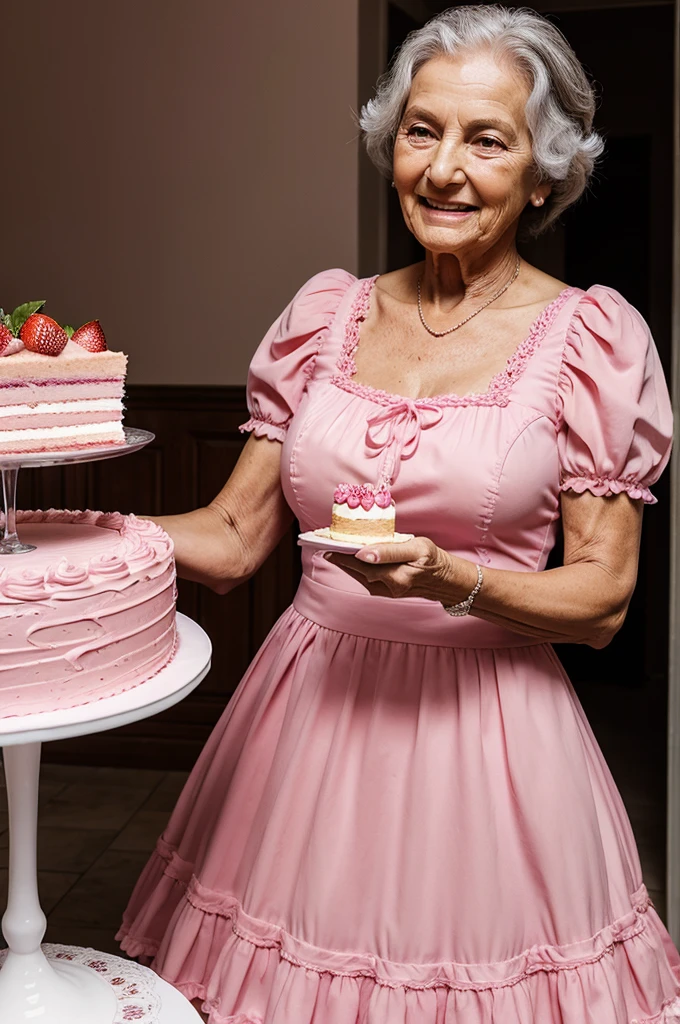 Grandmother catching a cake in a pink dress tradition 