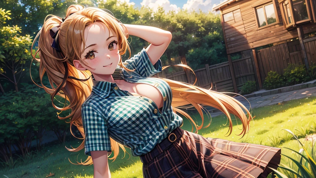 1girl, solo, summer, village, trees, sun, clouds, ((chestnut hair)), ponytail, forehead, large full breasts, button down shirt, ((grass green checked shirt)), ((short sleeved shirt)), ((unbuttoned shirt)), unbuttoning buttons, cleavage 1:3, brown eyes, skirt, smile, looking at the viewer, standing, hair ribbon, golden necklate