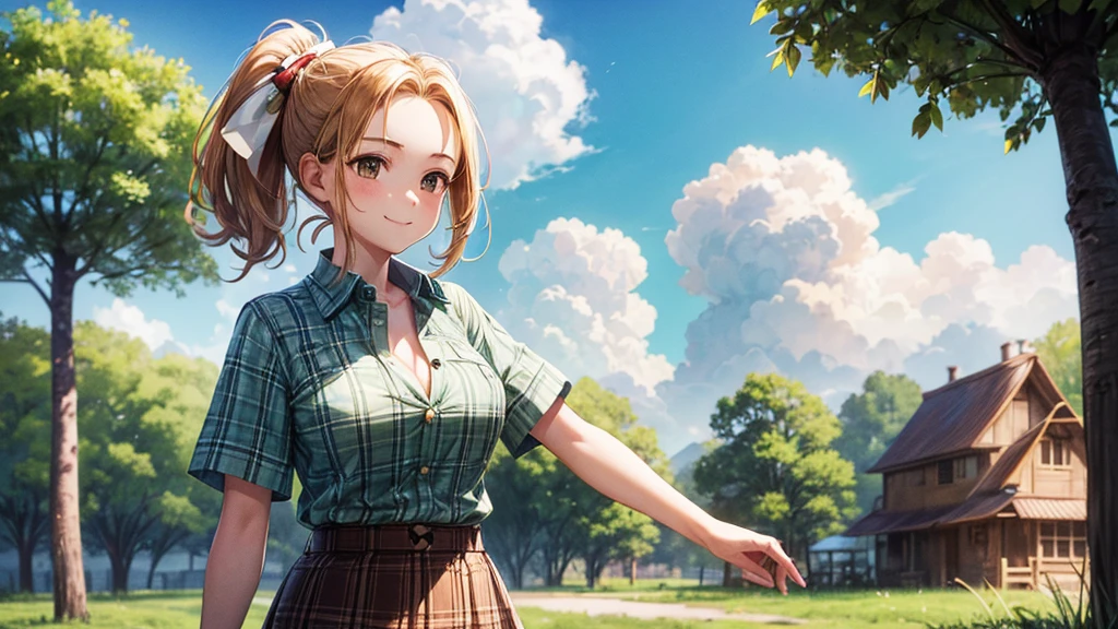 1girl, solo, summer, village, trees, sun, clouds, ((chestnut hair)), ponytail, forehead, large full breasts, button down shirt, ((grass green checked shirt)), ((short sleeved shirt)), ((unbuttoned shirt)), unbuttoning buttons, cleavage 1:3, brown eyes, skirt, smile, looking at the viewer, standing, hair ribbon, golden necklate