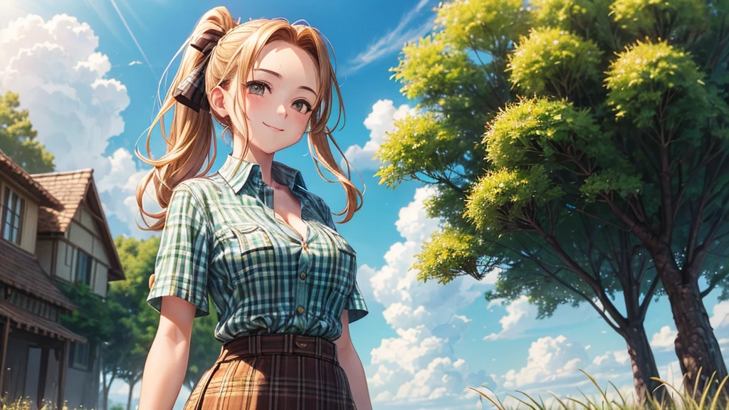 1girl, solo, summer, village, trees, sun, clouds, ((chestnut hair)), ponytail, forehead, large full breasts, button down shirt, ((grass green checked shirt)), ((short sleeved shirt)), ((unbuttoned shirt)), unbuttoning buttons, cleavage 1:3, brown eyes, skirt, smile, looking at the viewer, standing, hair ribbon, golden necklate