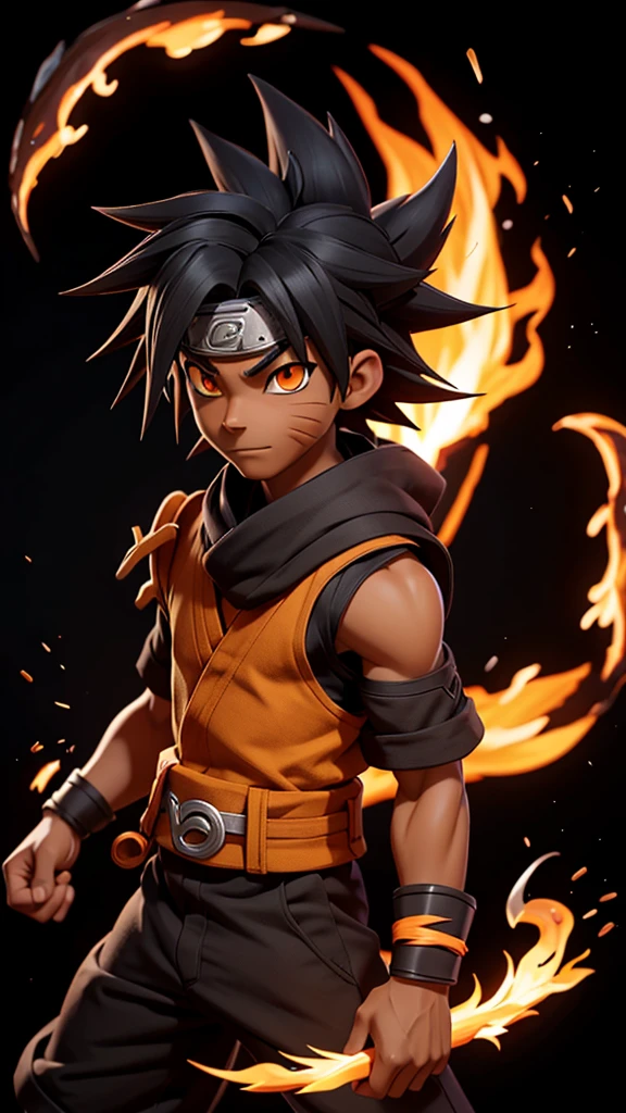 dark skin Naruto,1boy, black_background, fire, 9 fox tails,