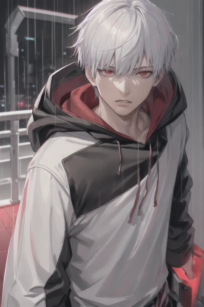 kk, best quality, more details, masterpiece, 1boy, kaneki ken, portrait, male focus, red eyes, solo, bangs, looking at viewer, hood, short hair, rain, tokyo tokyo \(city\), hood up, nail polish, white hair, luxurious, 8k, detailed, ray tracing, depth of field, cinematic lighting,