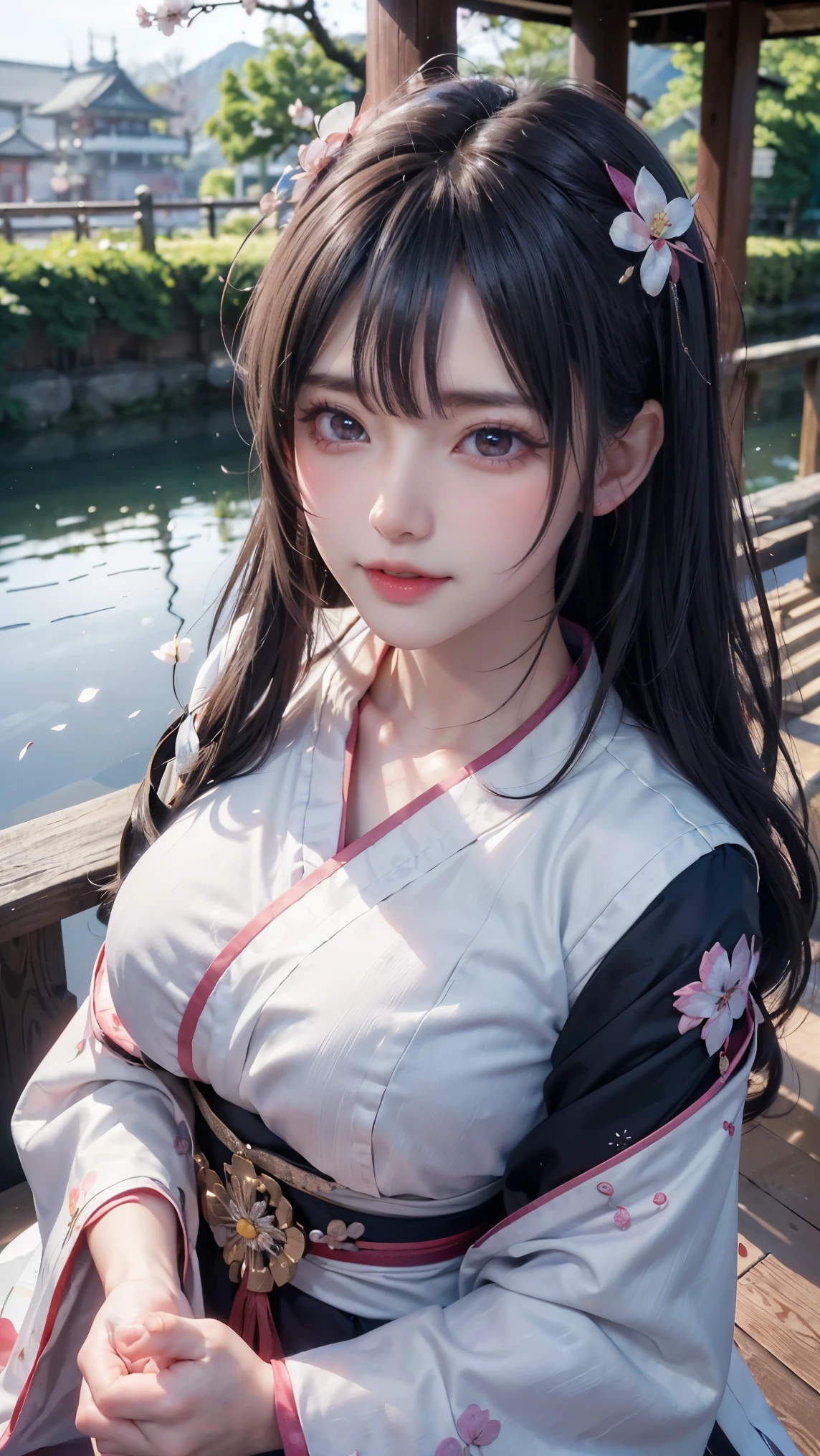 (logo、masterpiece、8k、table top、RAW photo、wonderful、最high quality、Photorealistic and hvery detailed CG integrated 8k wallpaper、high quality、very detailed、Narrative poem、particle effects、dynamic effects、written boundary depth、cinematic light、Lens flare、ray tracing)、fantasy、 (1 beautiful woman、white kimono、Japan Dress、white cherry blossom pattern、White cherry blossom embroidery pattern、black haired、beautiful face、real face、beautiful details eyes beautiful skin)、Hair flutters in Wind、hair bounces、pink cherry tree、petals dance、SakuraFubuki、wonderful scenery、sunrise、sun on background、Wind、god々、teeth、god story、vast land