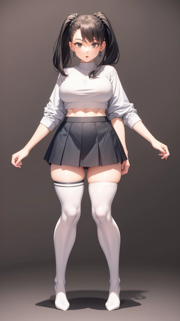 1 girl, 18 year old, hair in pony tail, small breasts, , big hips, big lips, detailed , full body shot, looking directly at you. Wearng long knee socks, gray skirt, white tube top, white background