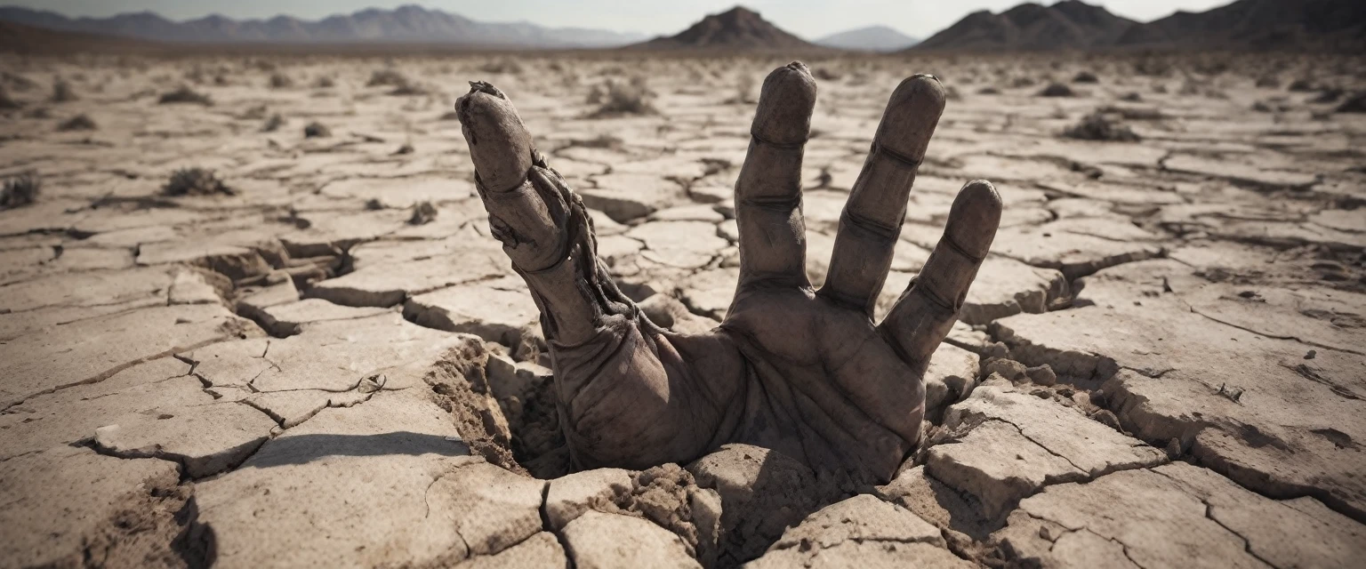 a zombie hands raising from the ground, dry desert, detailed zombie hands, dry cracked earth, barren desert landscape, dramatic lighting, moody atmosphere, cinematic composition, (best quality,4k,8k,highres,masterpiece:1.2),ultra-detailed,(realistic,photorealistic,photo-realistic:1.37),cinematic lighting, dramatic shadows, muted color palette, gritty texture, desolate environment, apocalyptic, horror