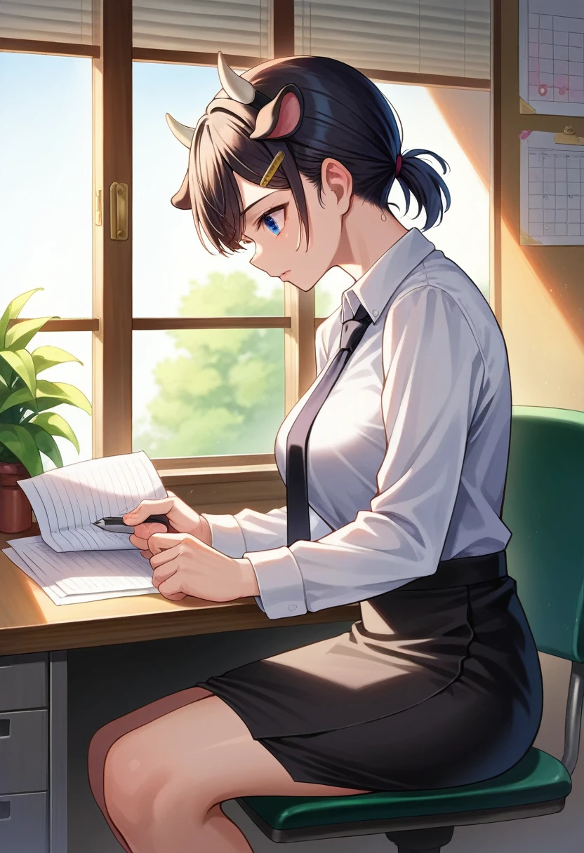 (masterpiece, best quality),  intricate details,
1girl,   kobenidef, short ponytail, hairclip, formal, suit, black necktie, long sleeves, black pants, 
indoors, office, working, professional, desk, paperwork, detailed illustration (side view),dynamic angle, ultra-detailed, illustration, clean line art, shading, anime, detailed eyes, detailed face, beautiful face, dramatic lighting, detailed illustration, dynamic angle, ultra-detailed, illustration,

Ultra HD, super high quality, masterpiece, detailed, 8K, The place is a business corner office, A office secretary in the room room,１Person sitting, hand singing documents, working at a desk, 30 year old female secretary, has long black hair, Has blue eyes, She has cow horns and a glamorous figure, The clothes she’s wearing are a camisole and a miniskirt, Knee-high, Pretty sexy, business clothes, anime girl, cow horns on head, cow ears, no human ears, anime woman,