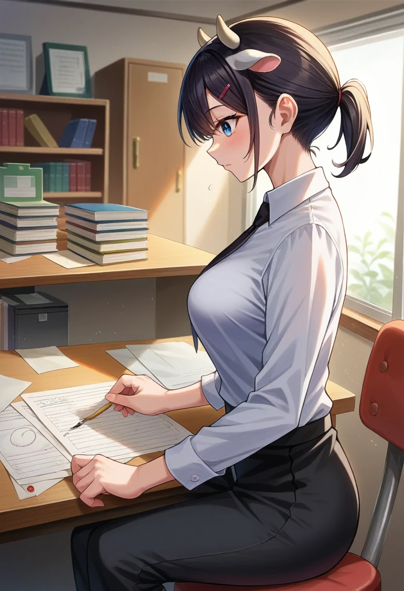 (masterpiece, best quality), intricate details,
1girl, kobenidef, short ponytail, hairclip, formal, suit, black necktie, long sleeves, black pants,
indoors, office, working, professional, desk, paperwork, detailed illustration (side view),dynamic angle, ultra-detailed, illustration, clean line art, shading, anime, detailed eyes, detailed face, beautiful face, dramatic lighting, detailed illustration, dynamic angle, ultra-detailed, illustration,
Ultra HD, super high quality, masterpiece, detailed, 8K, The place is a business corner office, A office secretary in the room room,1Person sitting, hand singing documents, working at a desk, 30 year old female secretary, has long black hair, Has blue eyes, She has cow horns and a glamorous figure, The clothes she’s wearing are a camisole and a miniskirt, Knee-high, Pretty sexy, business clothes, anime girl, cow horns on head, cow ears, no human ears, anime woman,