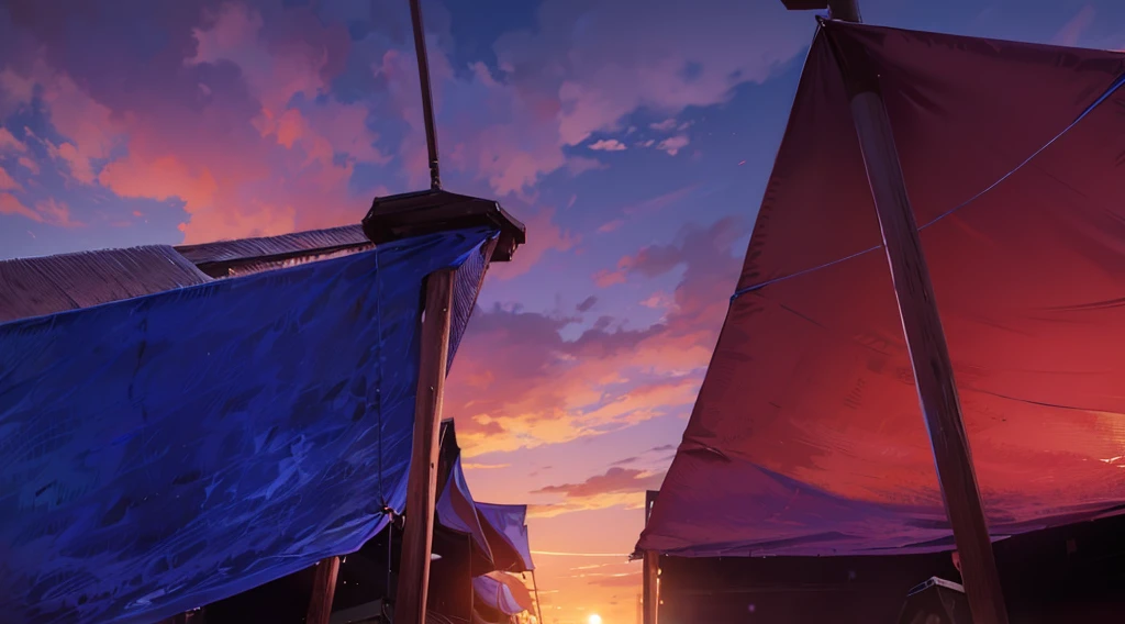 (under tarp canopy, wooden pole, under the market tents, under the canopies), wire, buildings roofs farr away, low angle, dawn sky, daybreak,