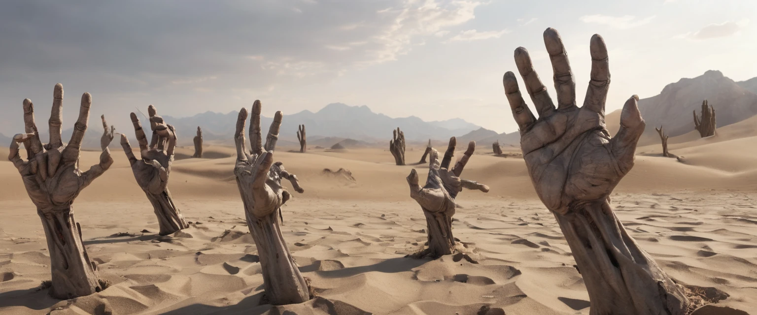 zombie hands raising from the ground, dry desert, detailed zombie hands, 