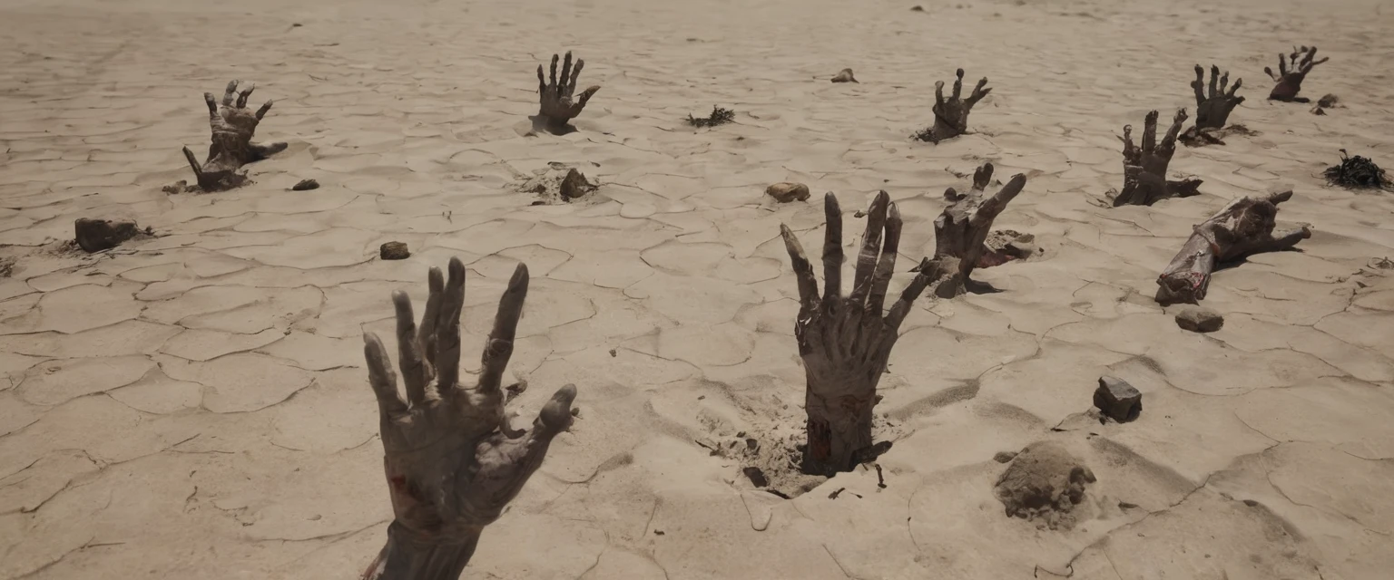 zombie hands raising from the ground, dry desert, detailed zombie hands,