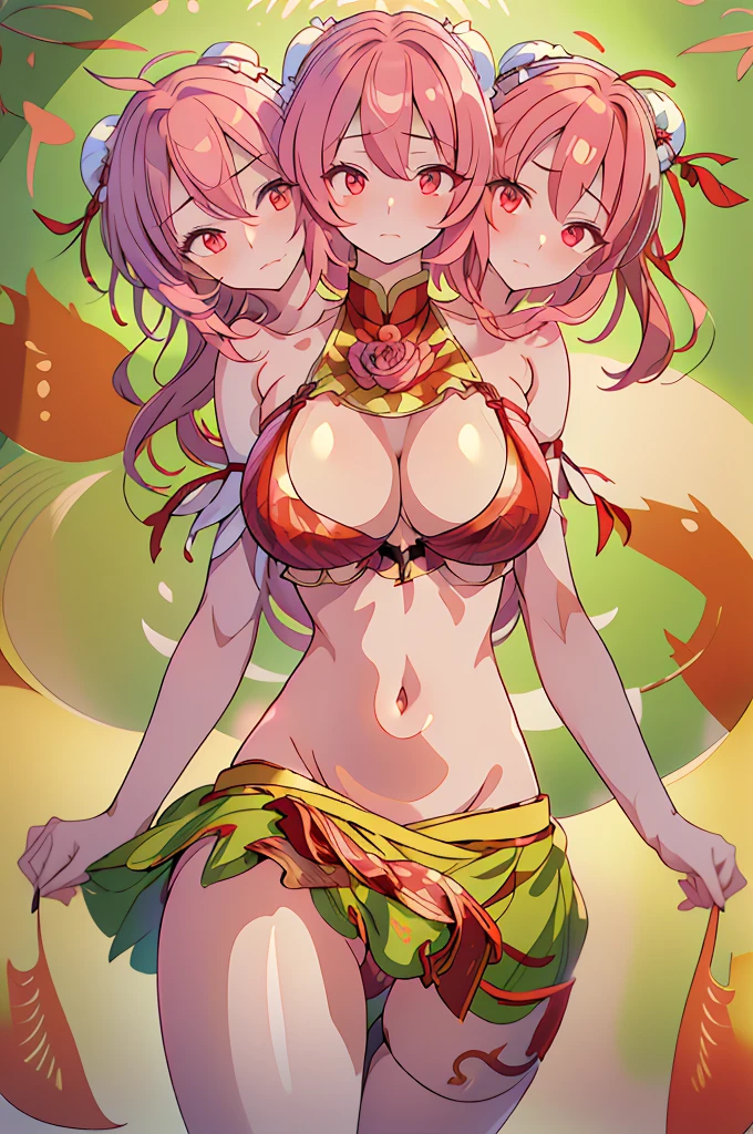 (masterpiece, best quality), best quality, (ultra-detailed), (3heads:1.5), 1girl, (ibaraki kasen:1.3), masterpiece, best quality, ultra quality, ultra resolution, ultra detail, white top, crop top, ((stomach)), midriff, ((groin)), green skirt, normal ears, shackles, pink hair, very long hair, wavy hair, sidelocks, red eyes, parted lips, single horn, sweat, cute, toned belly, hand on own chest, eyelashes, (24 year old woman:1.3), (masterpiece:1.5), (best quality:1.5), (beautiful detailed), extremely detailed CG, extremely delicate and beautiful, depth of field, (finely detailed face), (perfect details:1.2), (mature female:1.3), wide pelvis, slender, large veiny breast, 16k resolution, highres, very high quality, very high definition, extremely detailed, masterpiece, pink hair, long hair, alluring presence, braid, short skirt, close up, very big tits, hige tits, young, shoulder-length hair, Chinese-styled buns, hair bun, double bun,