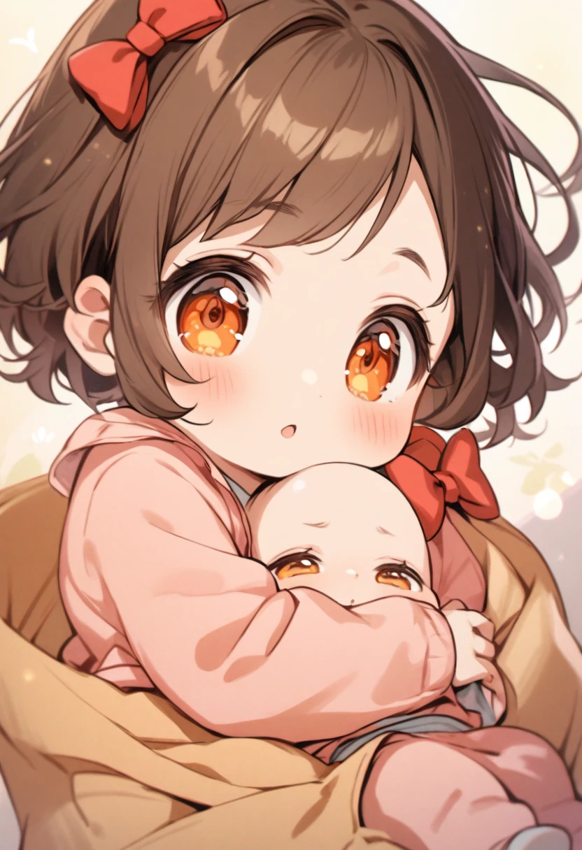 girl, baby, cute, brown hair, children, orange eyes, red bow