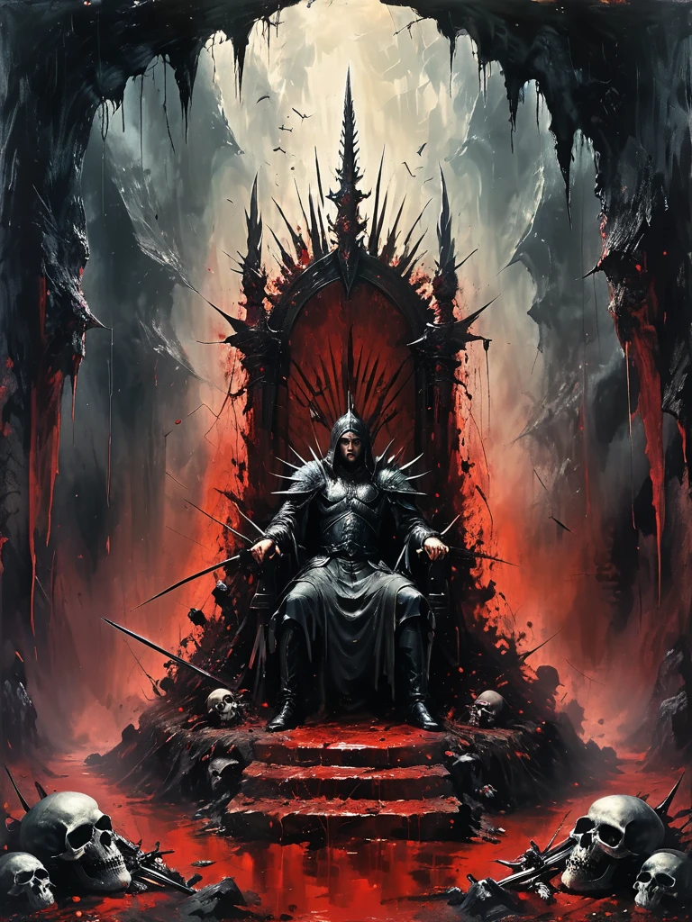 Cave,Underground Kingdom,Gothic style,A painting,(((Throne of Swords:1.37)))On a pile of skulls, Disturbing, crawl, gloomy, rotten, Blood rushes like a river,