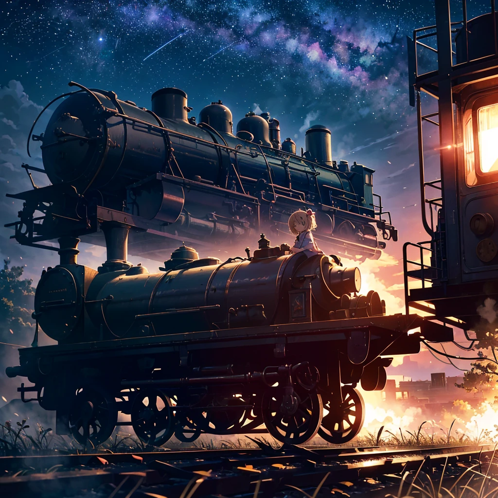 High-definition background, bright and beautiful atmosphere, 3 girls (2 years old, (1 short-tempered round face), (1 child)) (hair, surface effects), color effects), small breasts, blonde hair, abandoned railroad tracks Above, midnight, very beautiful stars, a steam locomotive flying in the sky, a girl riding a steam locomotive, a girl wearing a cute dress, a mini pig sitting on the girl's shoulder, mini pigs in the driver's seat of the locomotive, deltamon_sdXL: 0.73) >Deltamon Negative Prompt