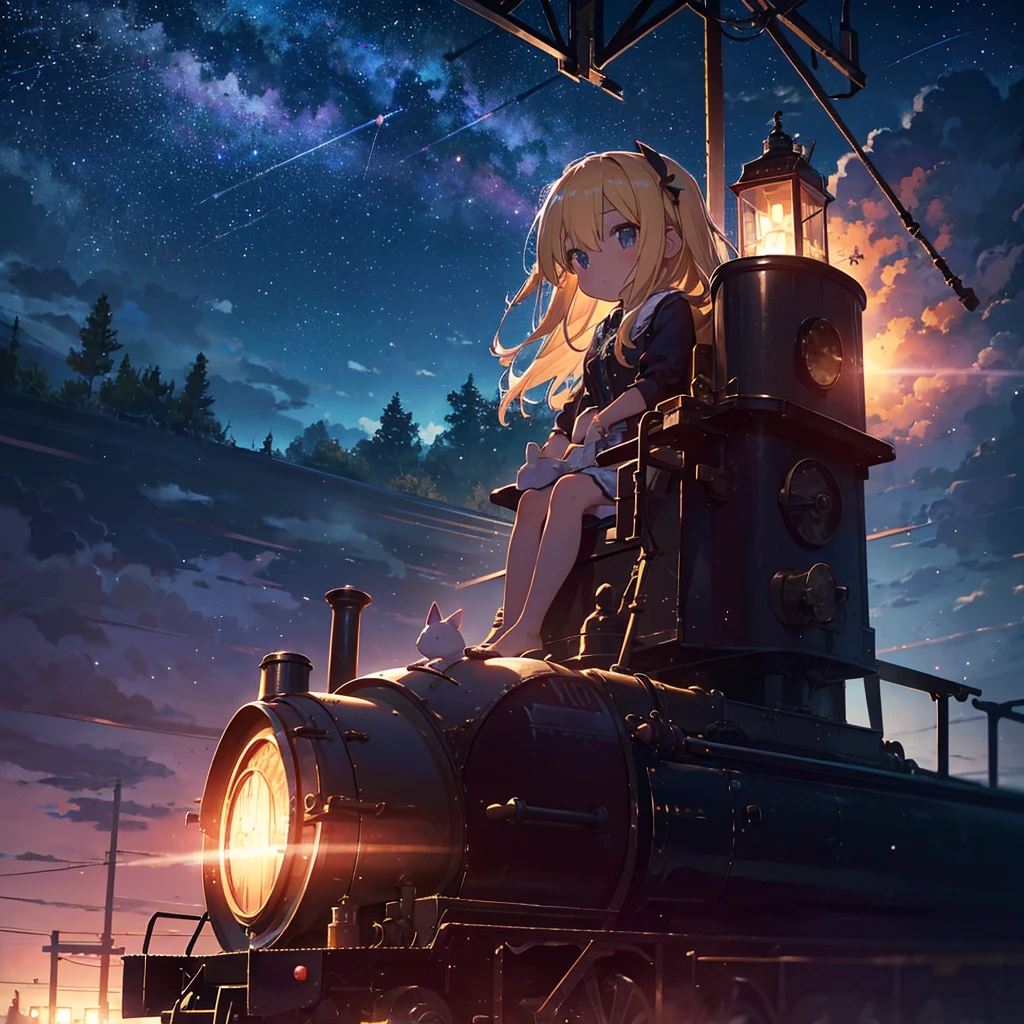 High-definition background, bright and beautiful atmosphere, 3 girls (2 , (1 short-tempered round face), (1 child)) ( surface effects), color effects), small breasts, blonde hair, abandoned railroad tracks Above, midnight, very beautiful stars, a steam locomotive flying in the sky, a girl riding a steam locomotive, a girl wearing a cute dress, a mini pig sitting on the girl's shoulder, mini pigs in the driver's seat of the locomotive, deltamon_sdXL: 0.73) >Deltamon Negative Prompt