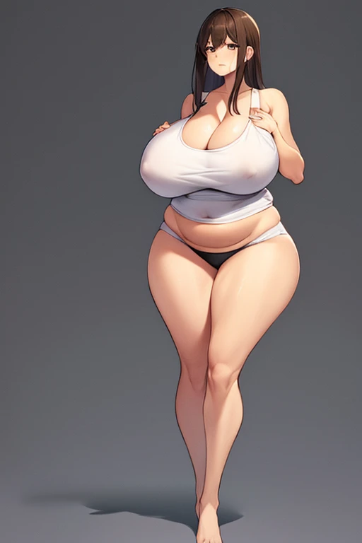 Man, tight ripped white tanktop, brown shoulder length hair, brown eyes, gray background, huge breasts, huge wide hips, huge thick thighs, grabbing own breast, tight black panties, huge ass, front view, cleavage, thin belly, nipples, drooling, vacant stare, full body image