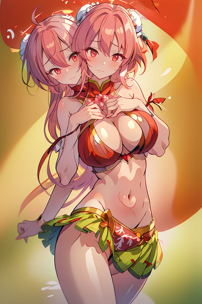 (masterpiece, best quality), best quality, (ultra-detailed), (3heads:1.5), 1girl, (ibaraki kasen:1.3), masterpiece, best quality, ultra quality, ultra resolution, ultra detail, white top, crop top, ((stomach)), midriff, ((groin)), green skirt, normal ears, shackles, pink hair, very long hair, wavy hair, sidelocks, red eyes, parted lips, single horn, sweat, cute, toned belly, hand on own chest, eyelashes, (24 year old woman:1.3), (masterpiece:1.5), (best quality:1.5), (beautiful detailed), extremely detailed CG, extremely delicate and beautiful, depth of field, (finely detailed face), (perfect details:1.2), (mature female:1.3), wide pelvis, slender, large veiny breast, 16k resolution, highres, very high quality, very high definition, extremely detailed, masterpiece, pink hair, long hair, alluring presence, braid, short skirt, close up, very big tits, hige tits, young, shoulder-length hair, Chinese-styled buns, hair bun, double bun,
