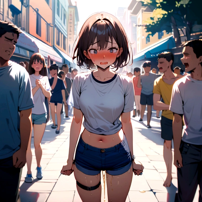 Girl3people,naked,outside,See-through sweater,whole body,Belly button,Short hair in twin tails,Wide forehead,Showing underboob,Off the shoulder,Her nipples are visible,naked,crowd,Surrounded,Carrying a bag,Close your eyes