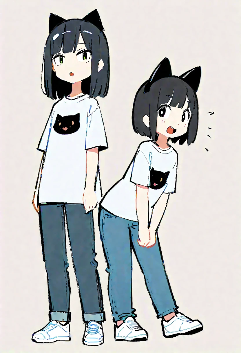 ((Expression with open mouth in surprise)) ,(Thick painting style),Bold line, ((masterpiece,)),(((Highest quality))),(sketch),((Girls in their 20s)),Short black hair,Black cat ears,T-Shirts,jeans,White sneakers