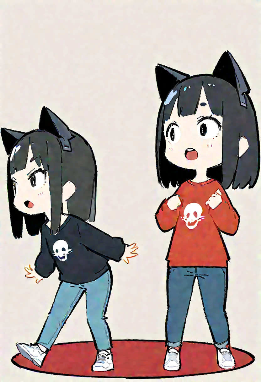 ((Expression with open mouth in surprise)) ,(Thick painting style),Bold line, ((masterpiece,)),(((Highest quality))),(sketch),((Girls in their 20s)),Short black hair,Black cat ears,T-Shirts,jeans,White sneakers